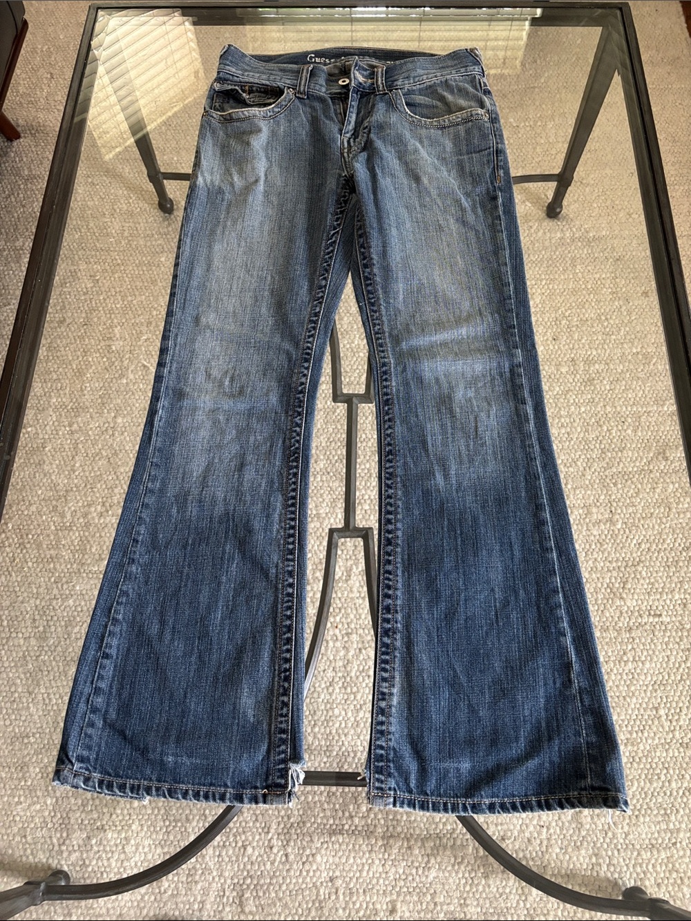 Guess Women's Blue Flare Jeans with Frayed Hem